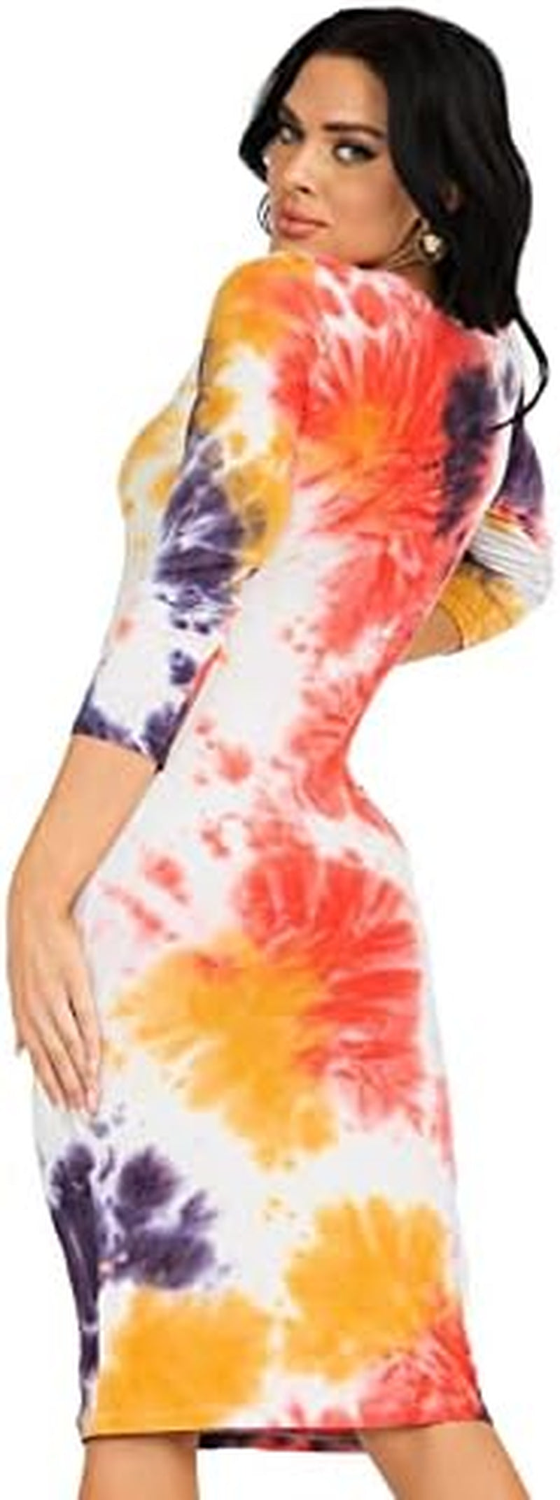 ICONOFLASH Women's 3/4 Sleeves Midi Bodycon Dress Crew Neck Fitted Dresses with Plus Size Options