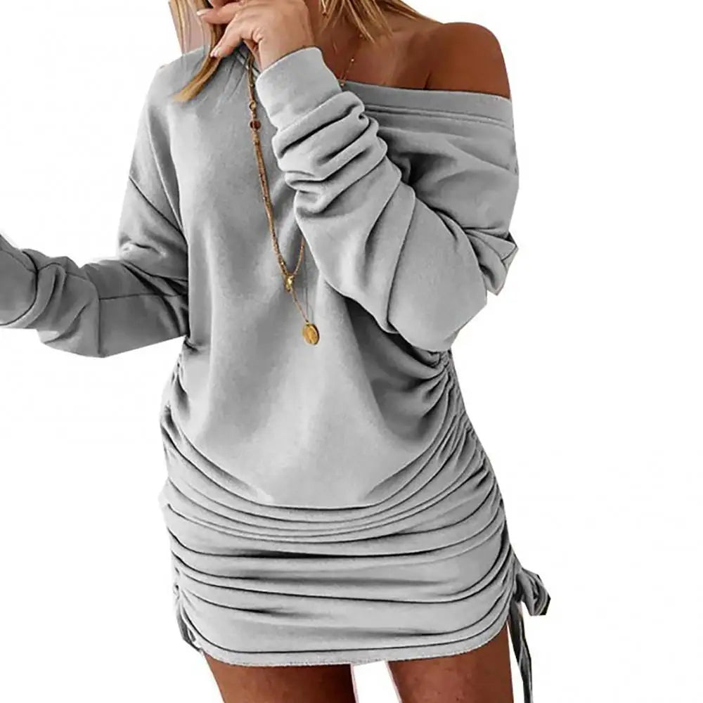 Off Shoulder Ruffled Drawstring Sexy Robe Autumn Pure Women Long Sleeve Mini Pencil Dress Sweatshirt Streetwear Dresses Female
