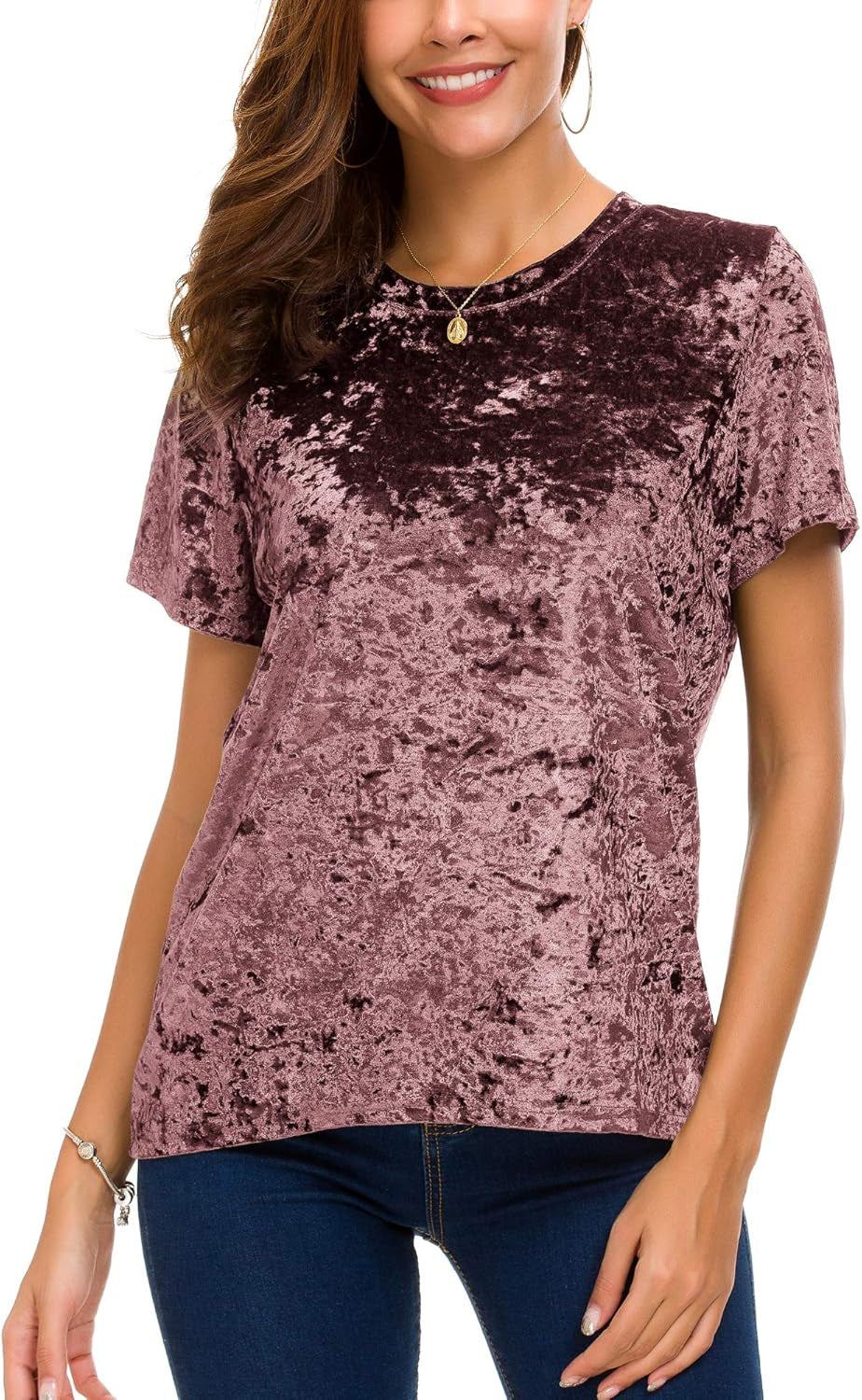 Women's Crew Neck Velvet Top Short Sleeve T-Shirt