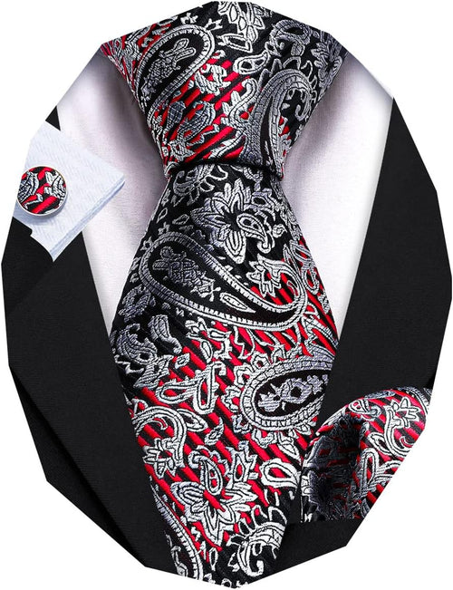 Barry.Wang Men Ties Paisley Woven Silk Necktie Set with Pocket Suqare Cufflinks Formal
