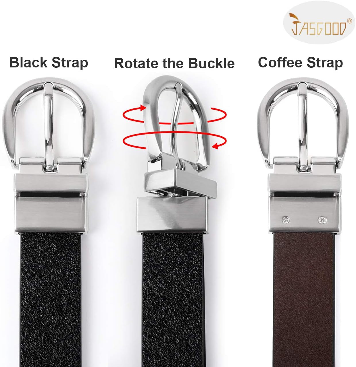 JASGOOD Kids Leather Reversible Belt, Plus Size Boys Casual Belt for Jeans School Uniform with Rotated Buckle