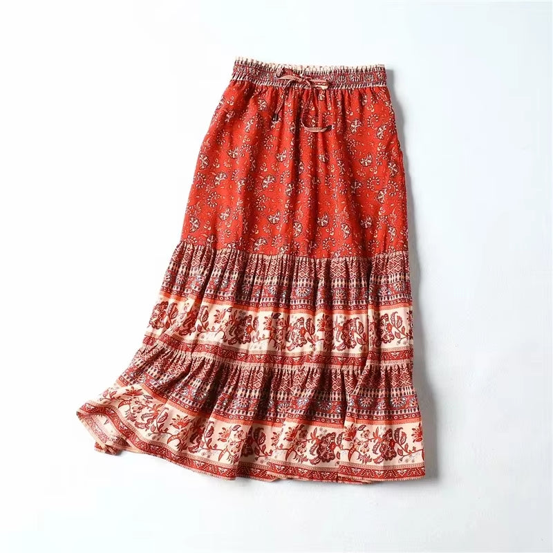 Hippie Women Floral Peacock Printed High Elastic Waist Bohemian Skirt Ladies Midi A-Line Beach