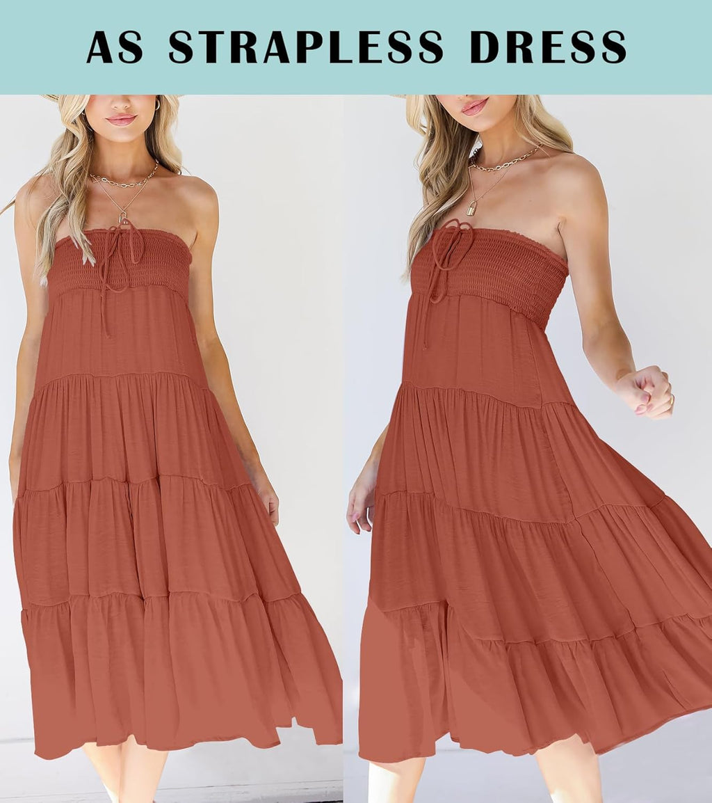 HAEOF Women's Summer Flowy Boho Maxi Skirt Trendy Smocked Waist Ruffle Tiered A Line Casual Beach Long Skirts Midi Dress