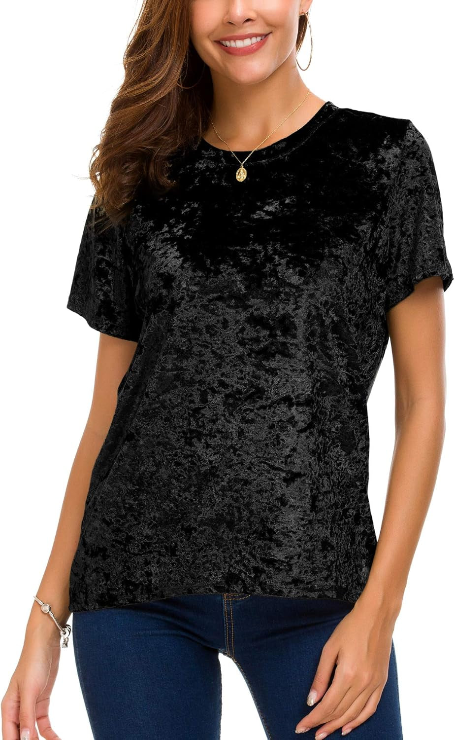 Women's Crew Neck Velvet Top Short Sleeve T-Shirt