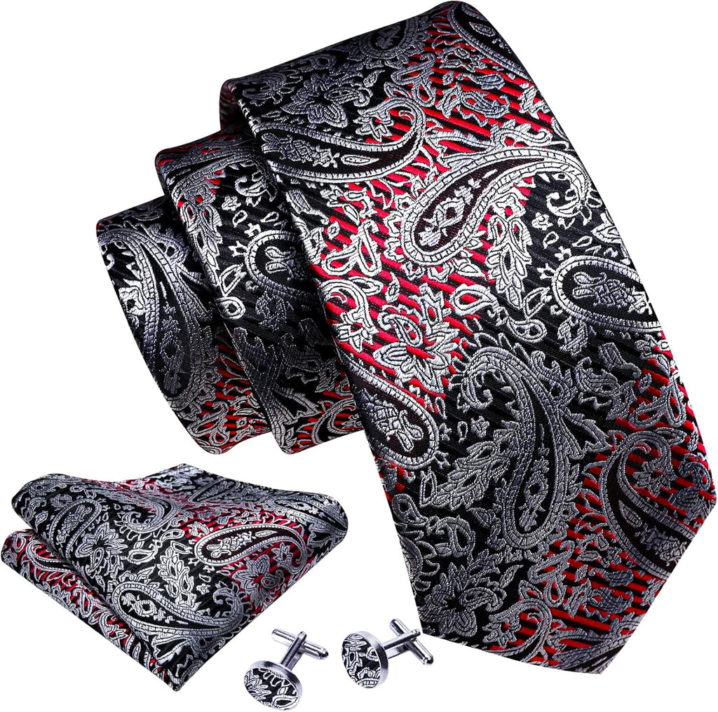 Barry.Wang Men Ties Paisley Woven Silk Necktie Set with Pocket Suqare Cufflinks Formal