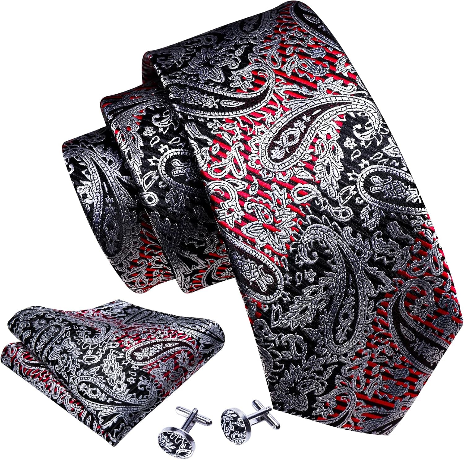 Barry.Wang Men Ties Paisley Woven Silk Necktie Set with Pocket Suqare Cufflinks Formal