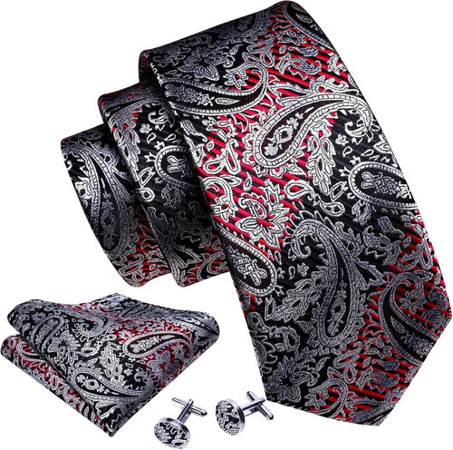 Barry.Wang Men Ties Paisley Woven Silk Necktie Set with Pocket Suqare Cufflinks Formal