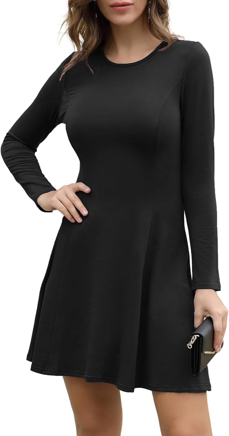 Aphratti Women's Long Sleeve Fall Dresses Casual Basic Crew Neck A-Line Fit and Flare Skater Dress