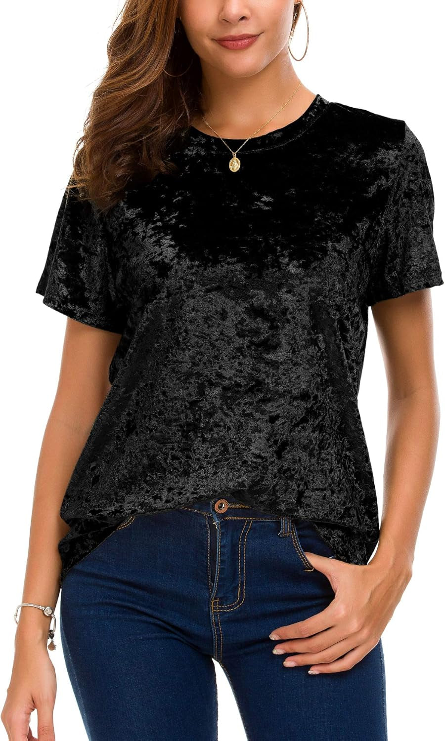 Women's Crew Neck Velvet Top Short Sleeve T-Shirt