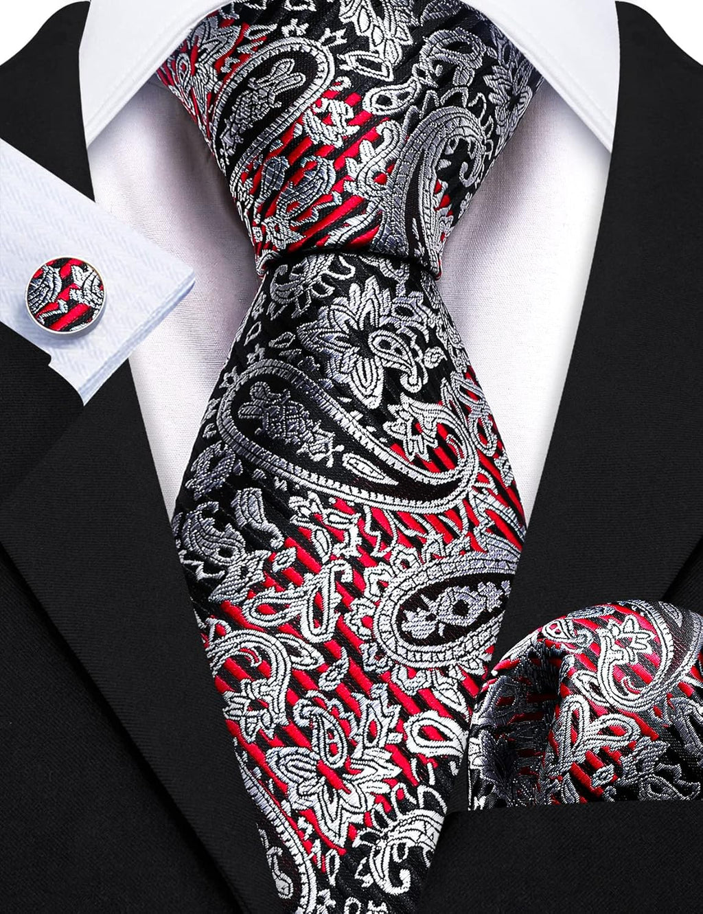 Barry.Wang Men Ties Paisley Woven Silk Necktie Set with Pocket Suqare Cufflinks Formal