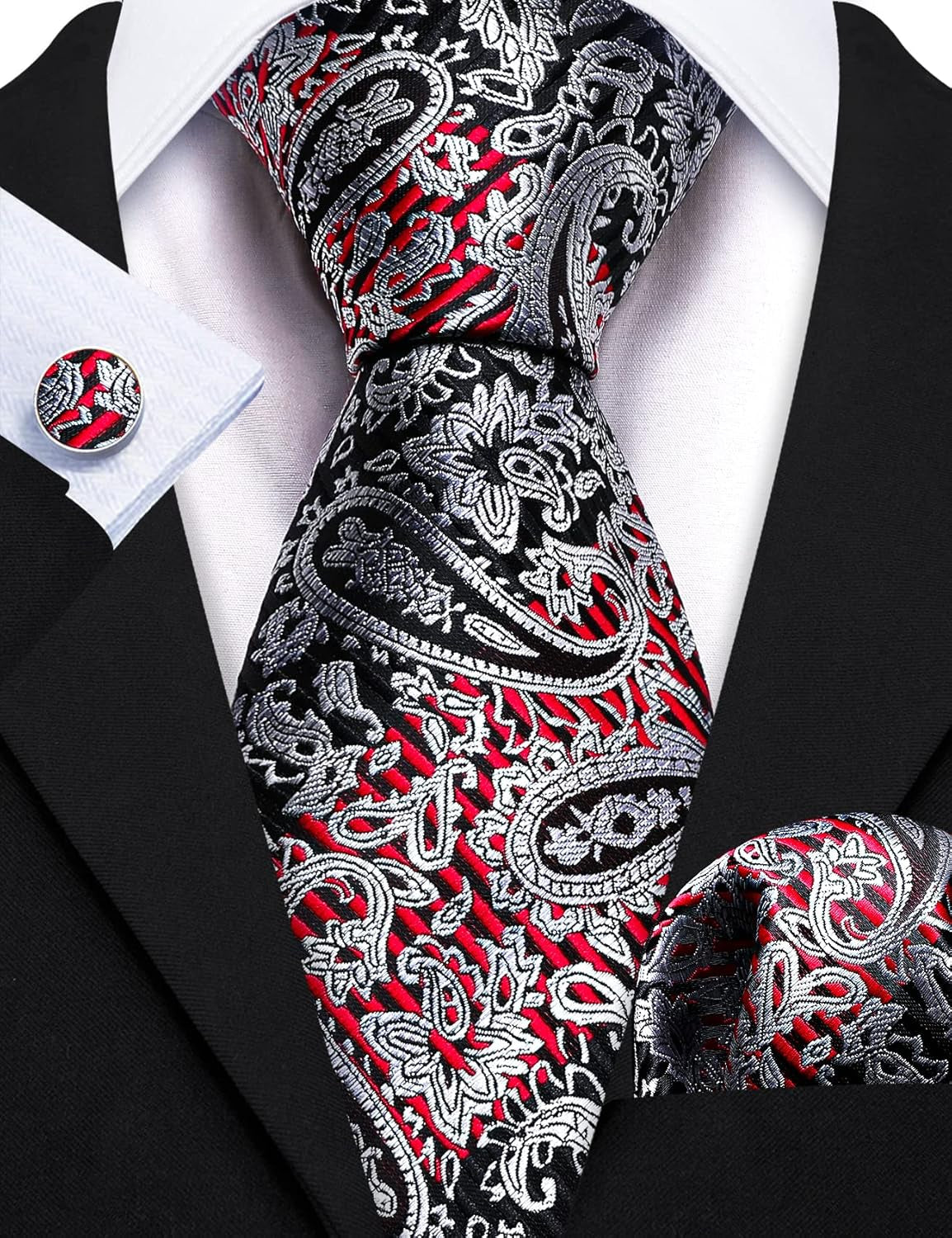 Barry.Wang Men Ties Paisley Woven Silk Necktie Set with Pocket Suqare Cufflinks Formal
