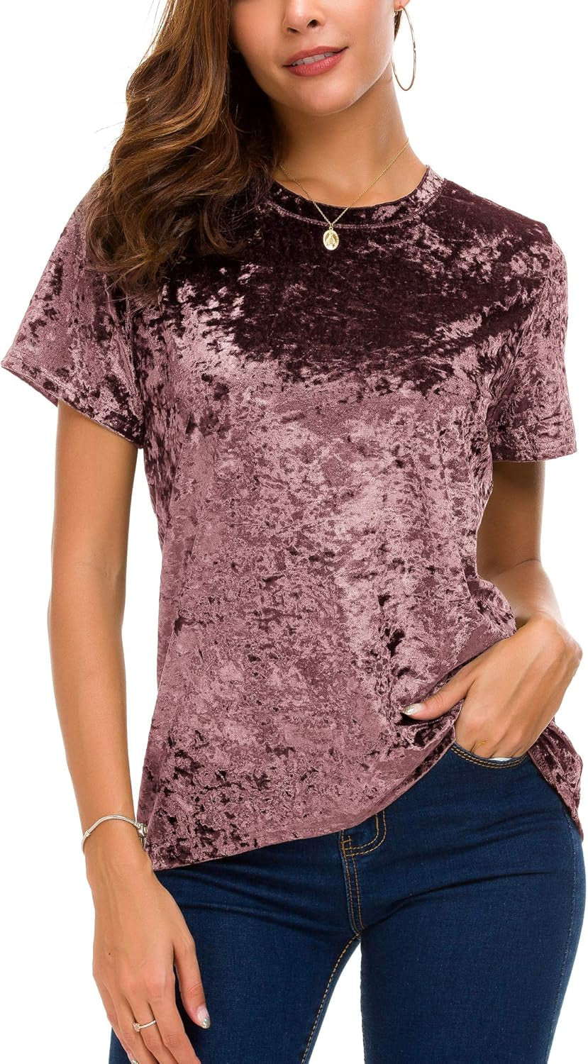 Women's Crew Neck Velvet Top Short Sleeve T-Shirt
