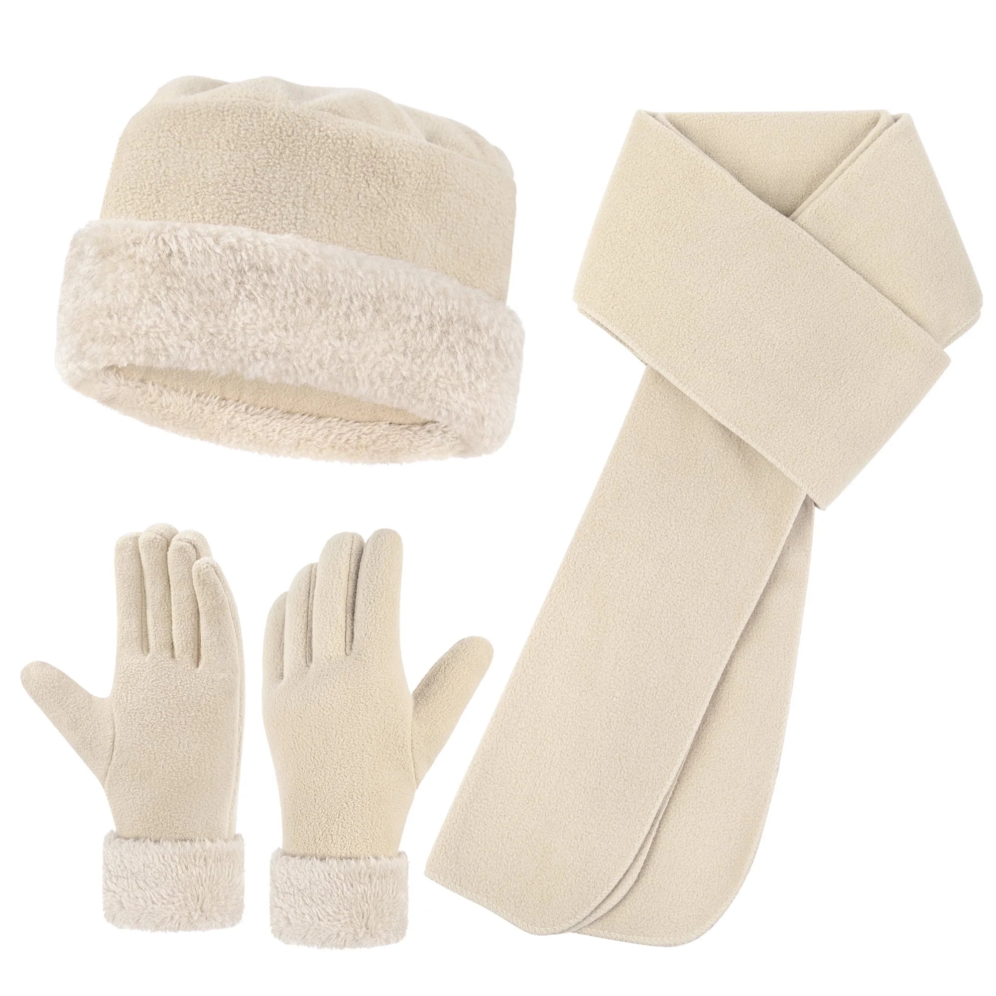 Winter Hats for Women Long Scarf Warmer Gloves Set Winter Accessories for Women Beige