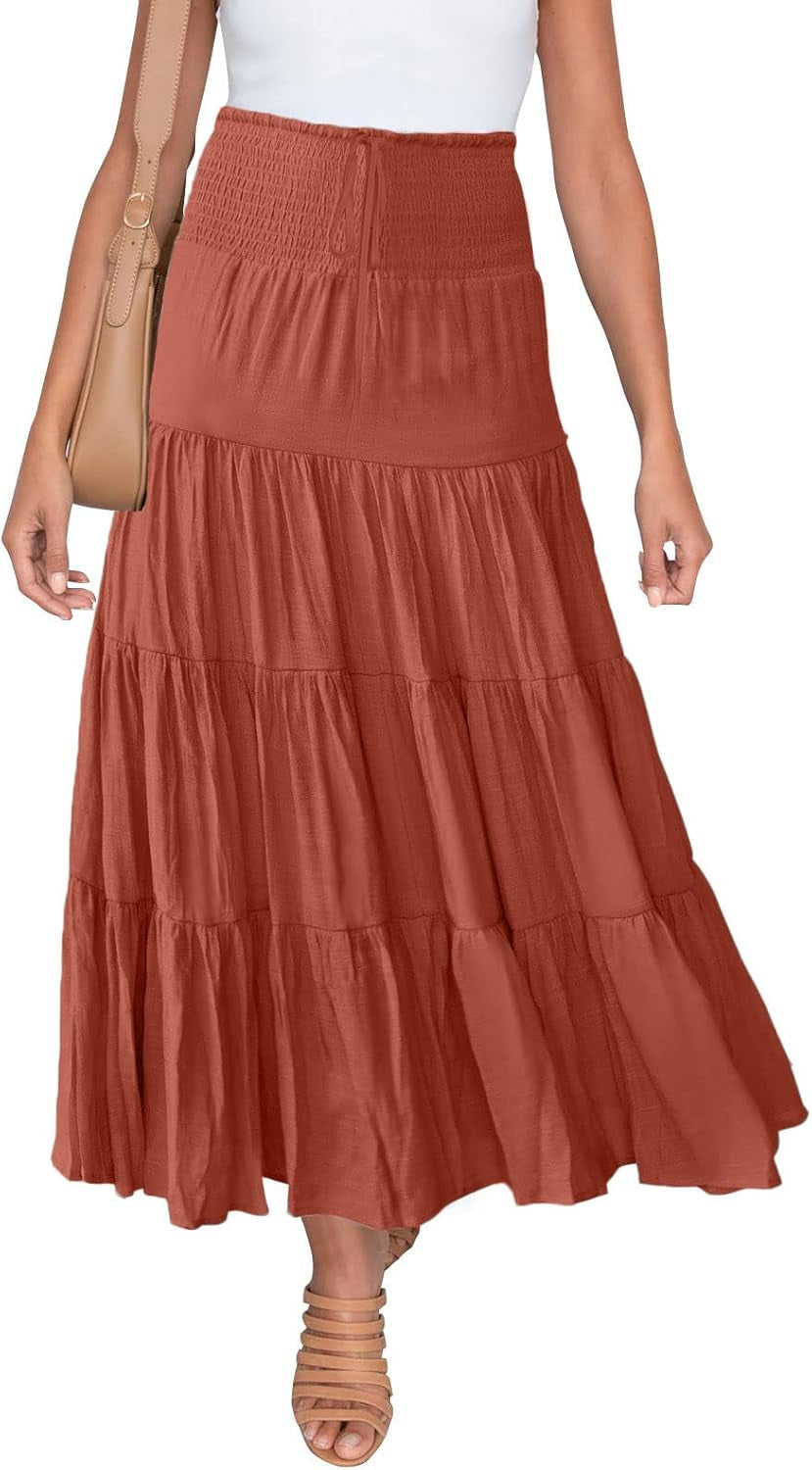 HAEOF Women's Summer Flowy Boho Maxi Skirt Trendy Smocked Waist Ruffle Tiered A Line Casual Beach Long Skirts Midi Dress