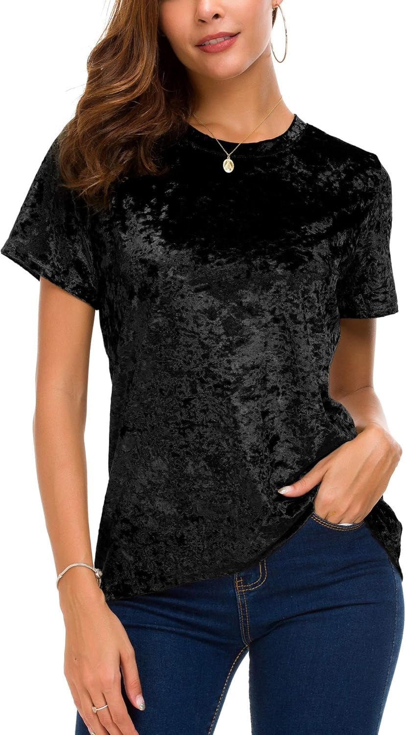 Women's Crew Neck Velvet Top Short Sleeve T-Shirt