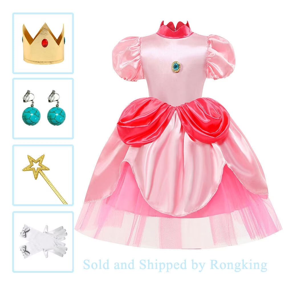 Princess Peach Dress Set for Girls, Super Brothers Costume Suit, Halloween Party Fancy-Dress for 4-9Y