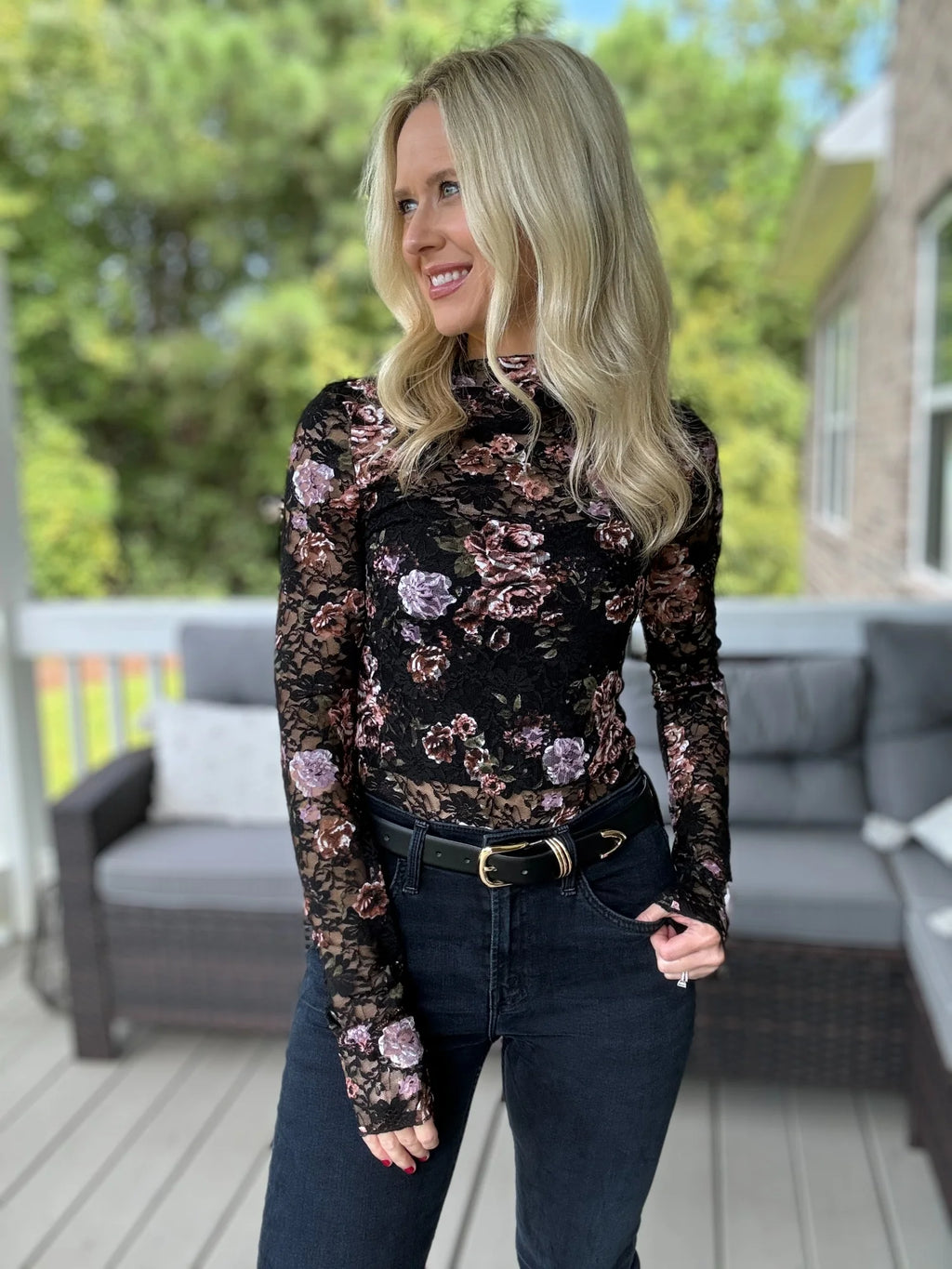 Lace Top with Long Sleeves Stand Collar Embroidered Floral Design Ideal for Parties and Clubs Xs-Xxl