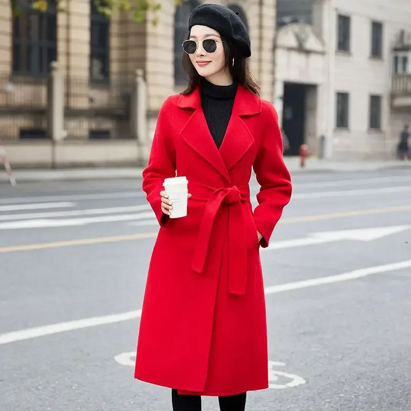 Plus Size Women'S Knee-Length Woolen Coat Slim-Fit Midi Dress Coat Belted High-End Beige Green Black Large Size Outerwear