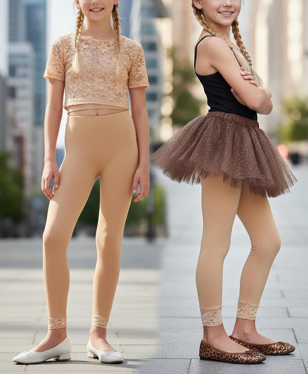 ToBeInStyle Girl’s Footless Opaque Layering Nylon Tights with Floral Lace Bottom Trim